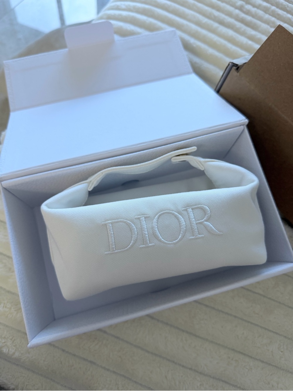 Dior White Embroidered Cosmetic Pouch with Box